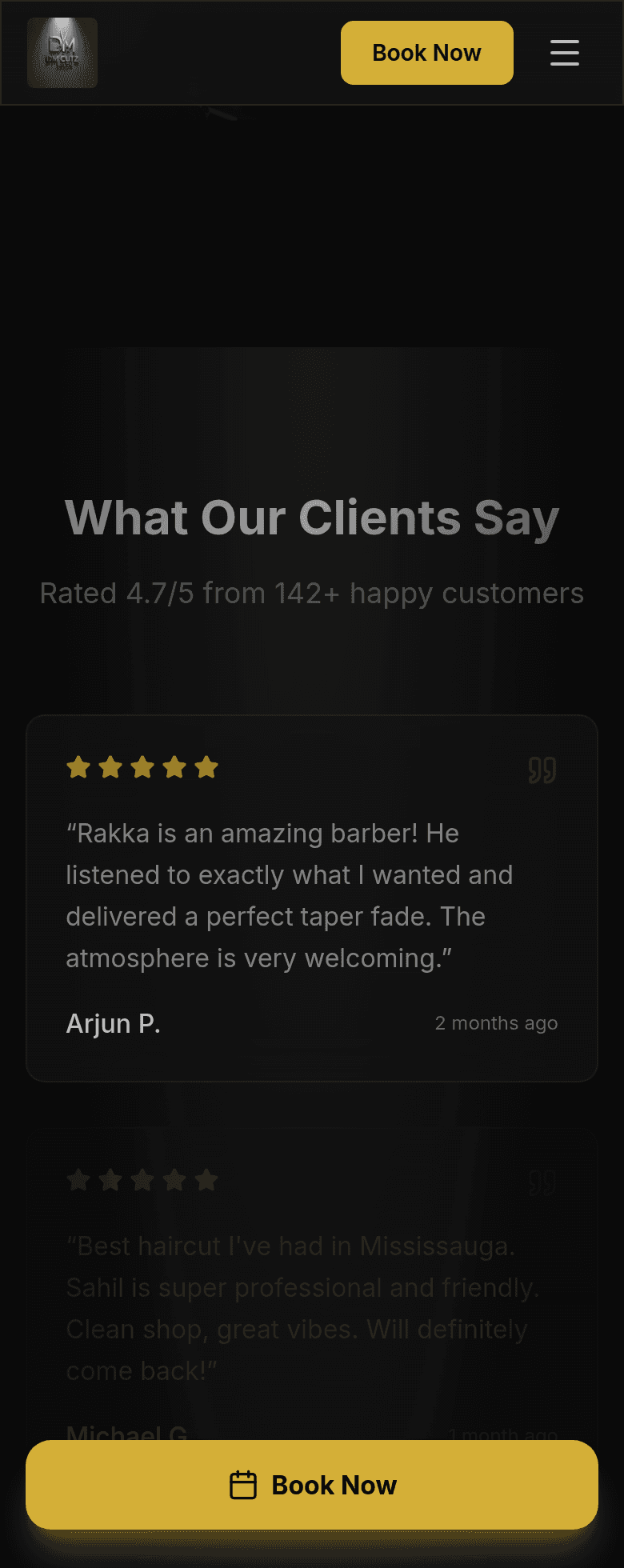 DM Cutz Salon reviews on a phone — client quotes with Book Now in the header and sticky bar
